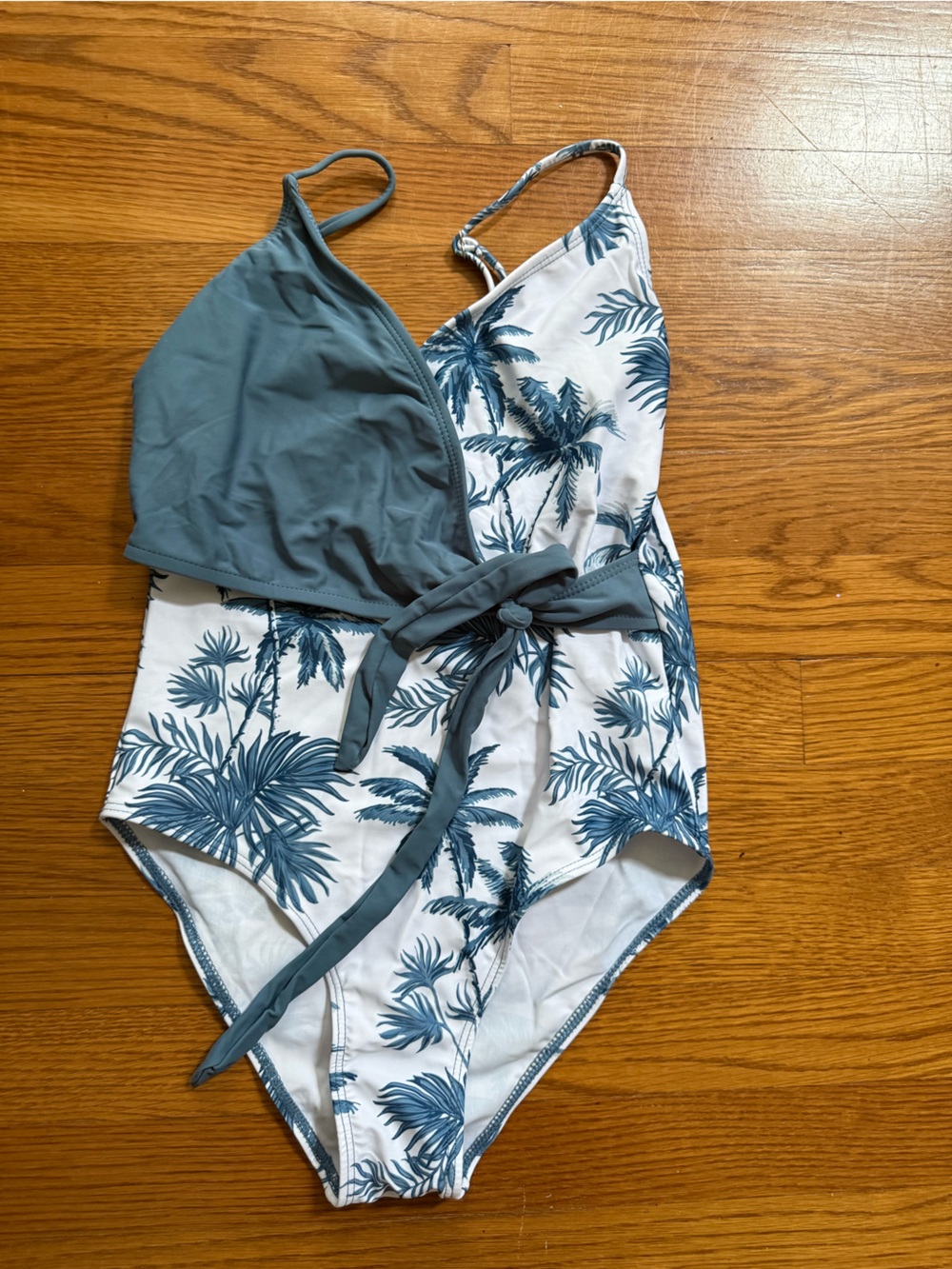 Blue Palm-Print Kids One-Piece Swimsuit with Tie